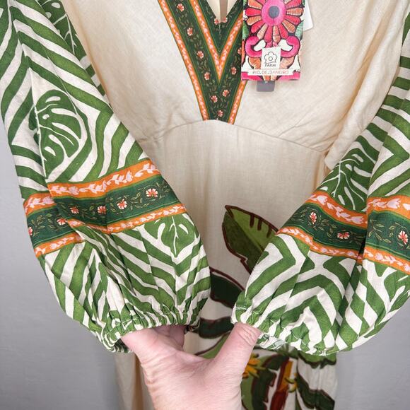 NWT Anthropologie Farm Rio Palm Tree V Neck Puff Sleeve Cut Out Waist Midi Dress - Picture 5 of 15